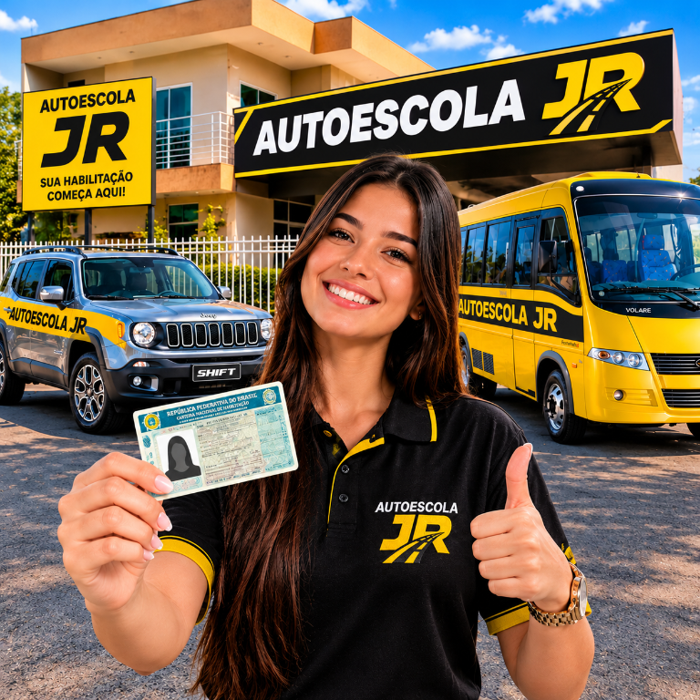 Pessoa sorridente segurando a CNH, com a fachada, o carro e o ônibus da Autoescola JR ao fundo